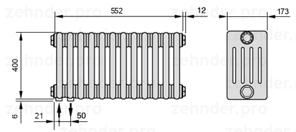 Схема (чертеж) Радиатор Zehnder Charleston 5040/12 №3370 Белый глянцевый RAL 9016
